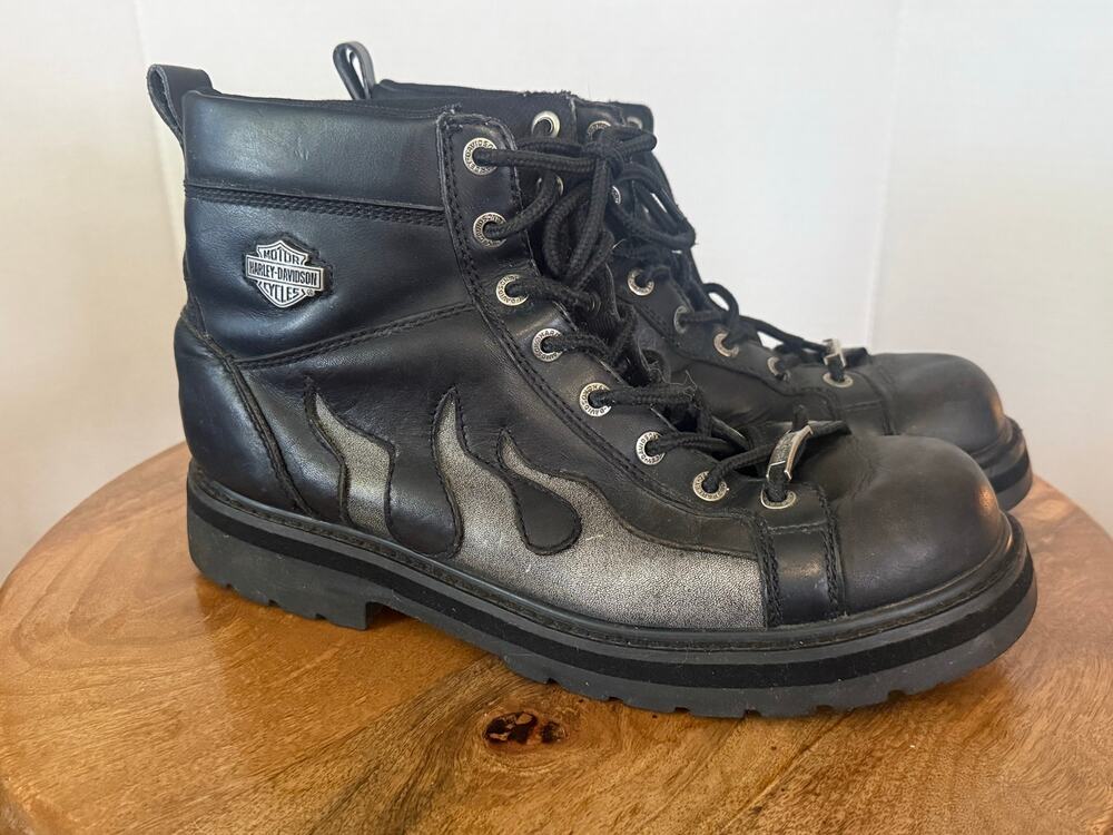 Vintage Harley Davidson Silver Flame Leather Lace Up Biker Riding Boots Men 11